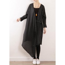 Organic black striped cotton Long Shirts v neck asymmetric Maxi Dresses