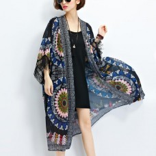 sundress new black prints chiffon cardigans plus size tassel half sleeve summer outwear